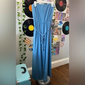 blue strapless jumpsuit